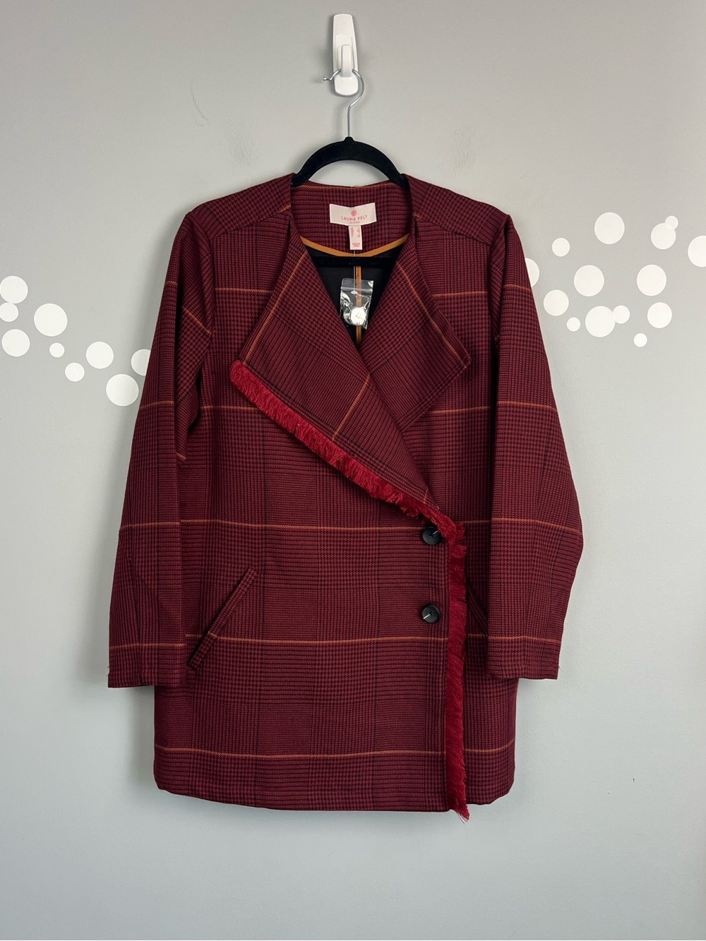 Laurie Felt Zoe Plaid Fringe Wrap Coat Jacket Burgundy Small